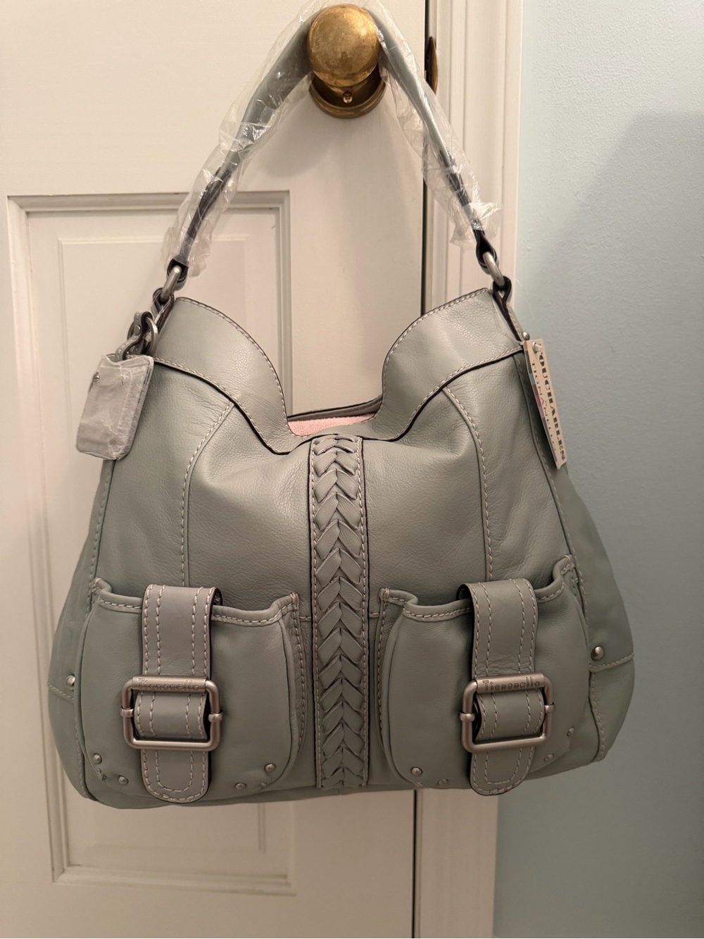 NWT- Tignanello Glove Leather Pocket Hobo with Braided Accent & Keyfob